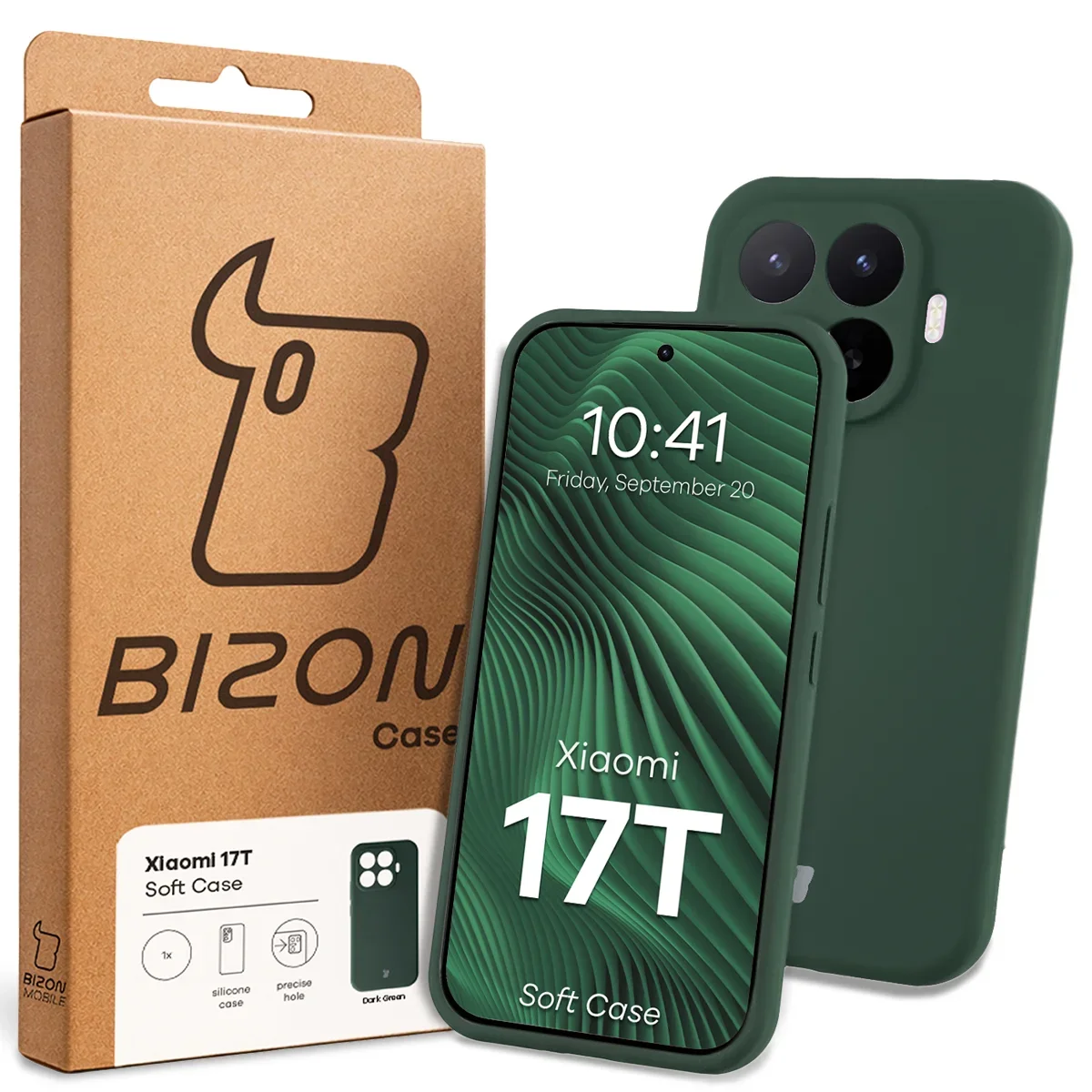 Przód pudełka Bizon Case z dedykowaną etykietą do Xiaomi 17T