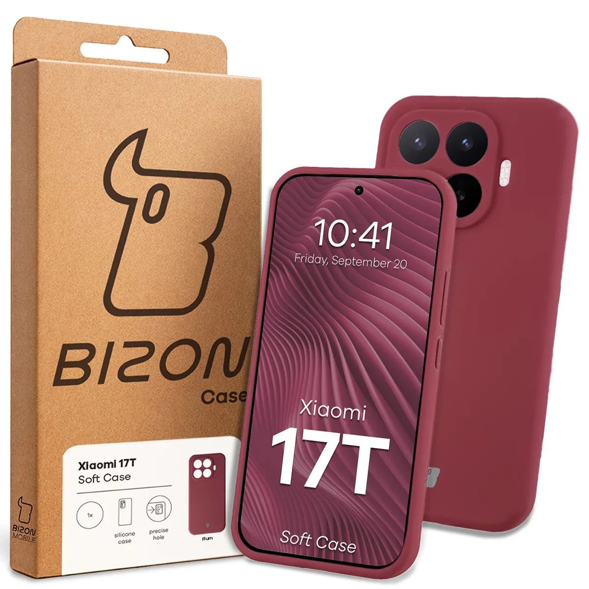 Przód pudełka Bizon Case z dedykowaną etykietą do Xiaomi 17T