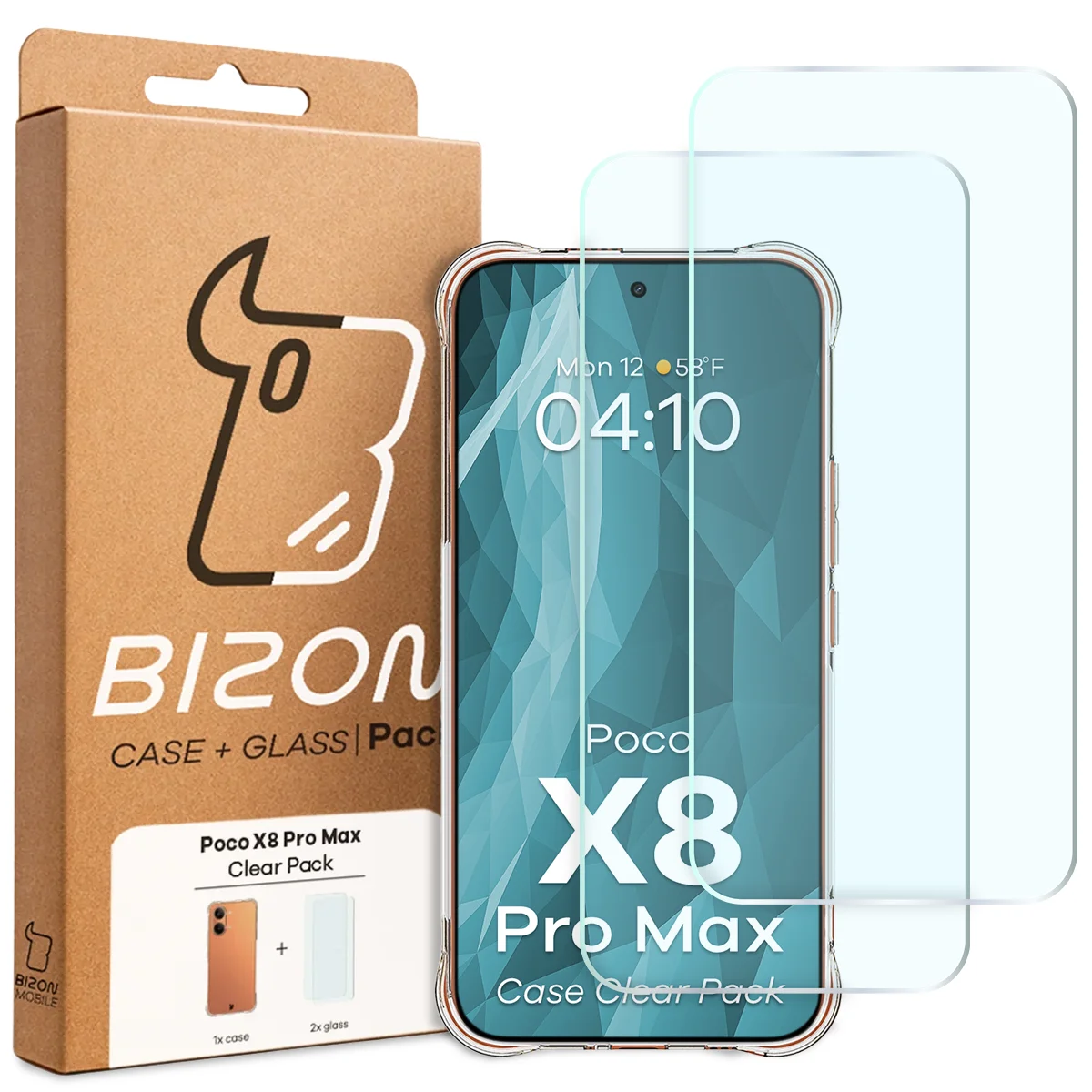 Przód pudełka Bizon Case+Glass z dedykowaną etykietą do Xiaomi POCO X8 Pro Max
