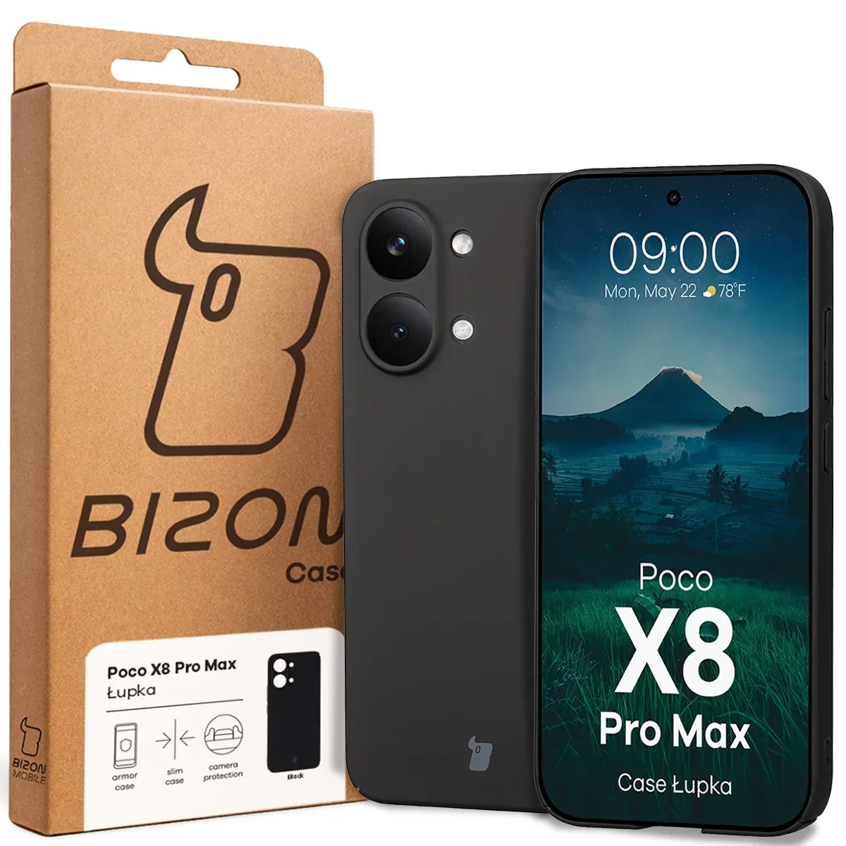 Przód pudełka Bizon Case z dedykowaną etykietą do Xiaomi POCO X8 Pro Max