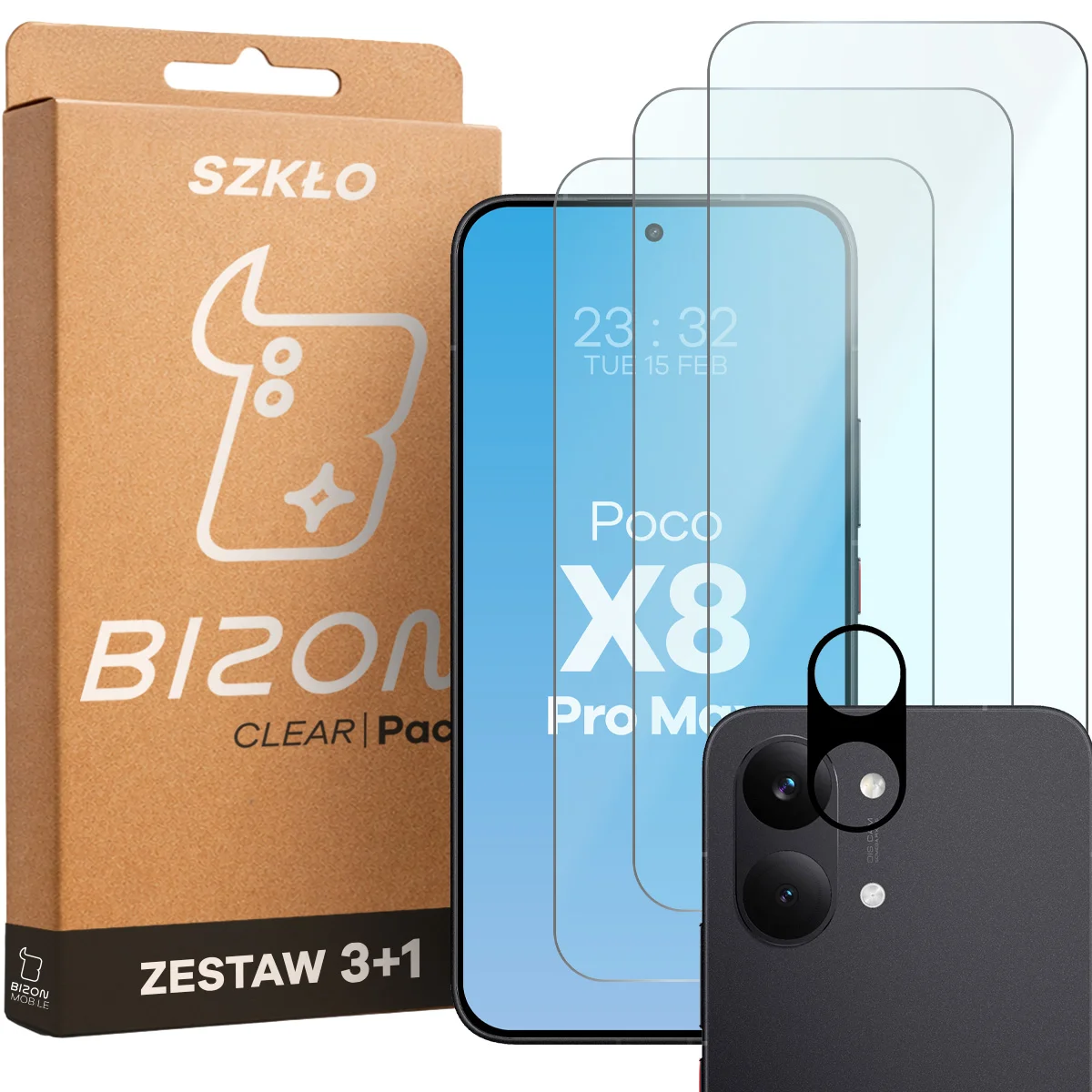 Pudełko i zestaw szkieł do Xiaomi POCO X8 Pro Max: 3x szkło hartowane i lens