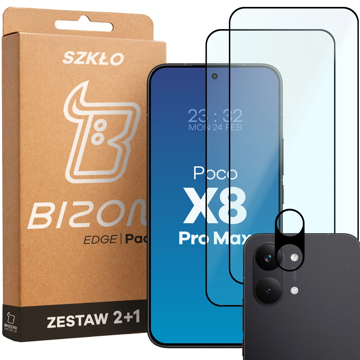 Pudełko i zestaw szkieł do Xiaomi POCO X8 Pro Max: 2x szkło hartowane i lens