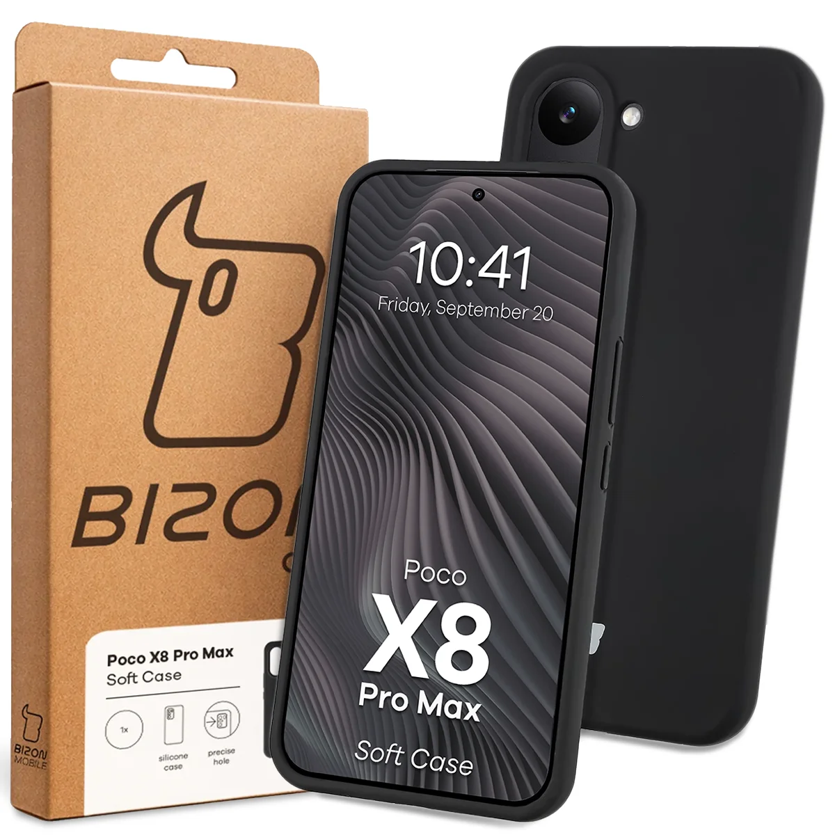 Przód pudełka Bizon Case z dedykowaną etykietą do Xiaomi POCO X8 Pro Max