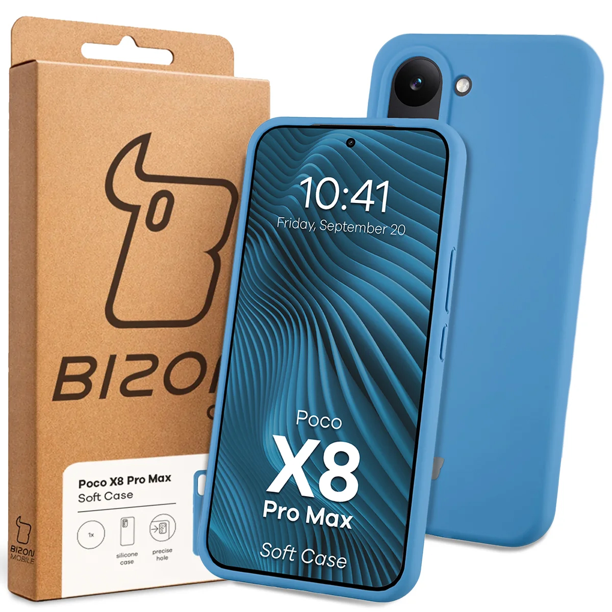Przód pudełka Bizon Case z dedykowaną etykietą do Xiaomi POCO X8 Pro Max