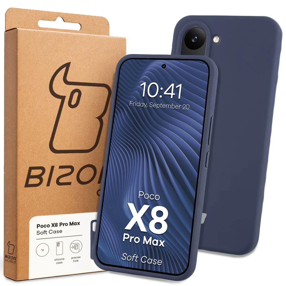 Przód pudełka Bizon Case z dedykowaną etykietą do Xiaomi POCO X8 Pro Max