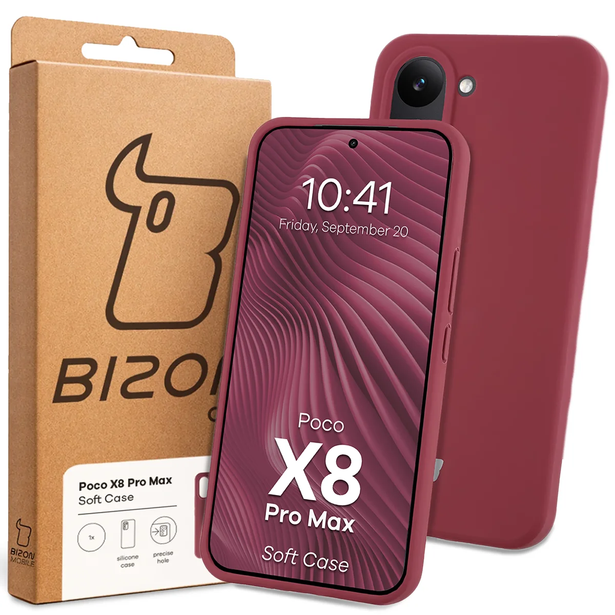 Przód pudełka Bizon Case z dedykowaną etykietą do Xiaomi POCO X8 Pro Max