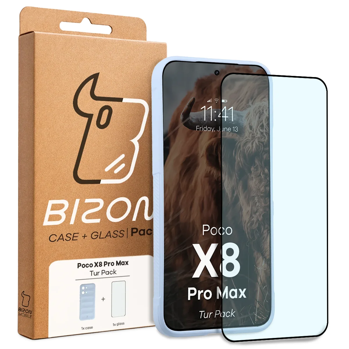 Przód pudełka Bizon Tur Pack z dedykowaną etykietą do Xiaomi POCO X8 Pro Max