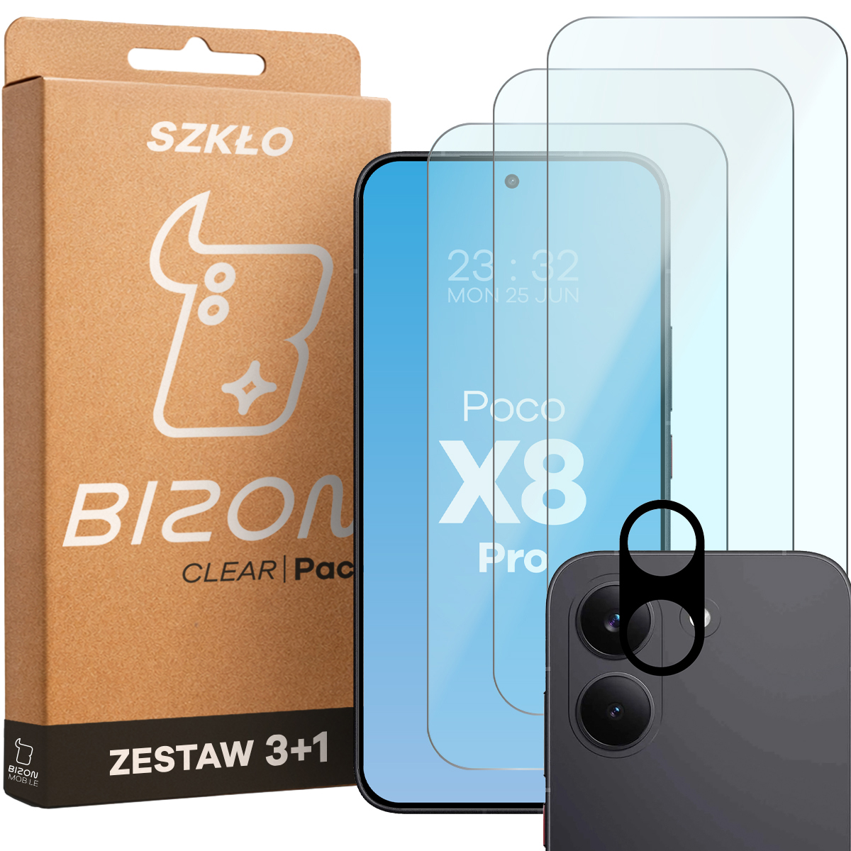 Pudełko i zestaw szkieł do Xiaomi POCO X8 Pro: 3x szkło hartowane i lens