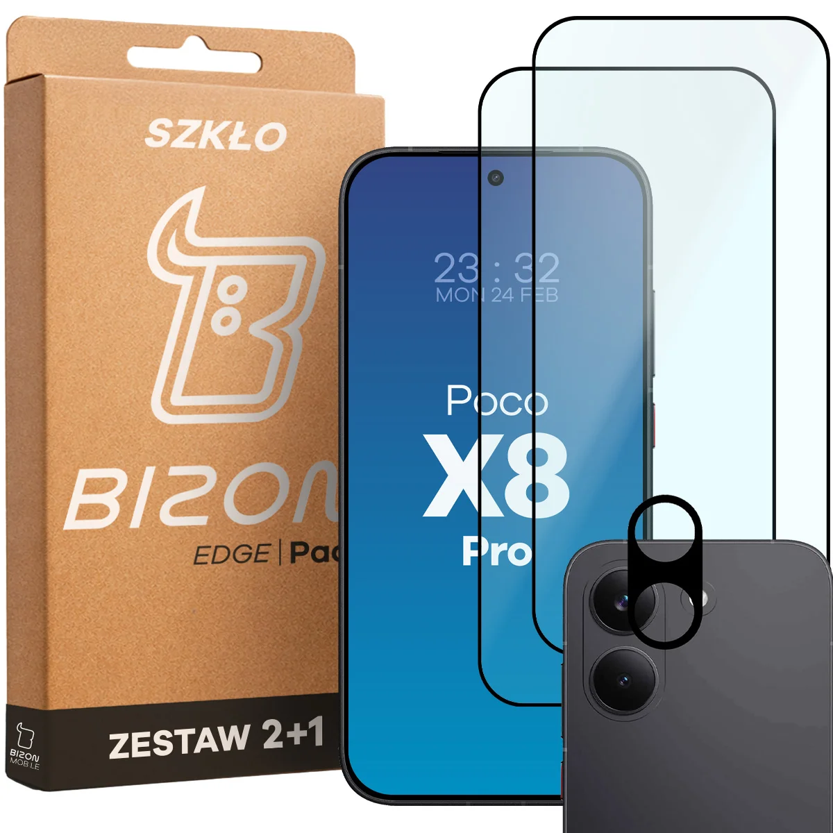 Pudełko i zestaw szkieł do Xiaomi POCO X8 Pro: 2x szkło hartowane i lens