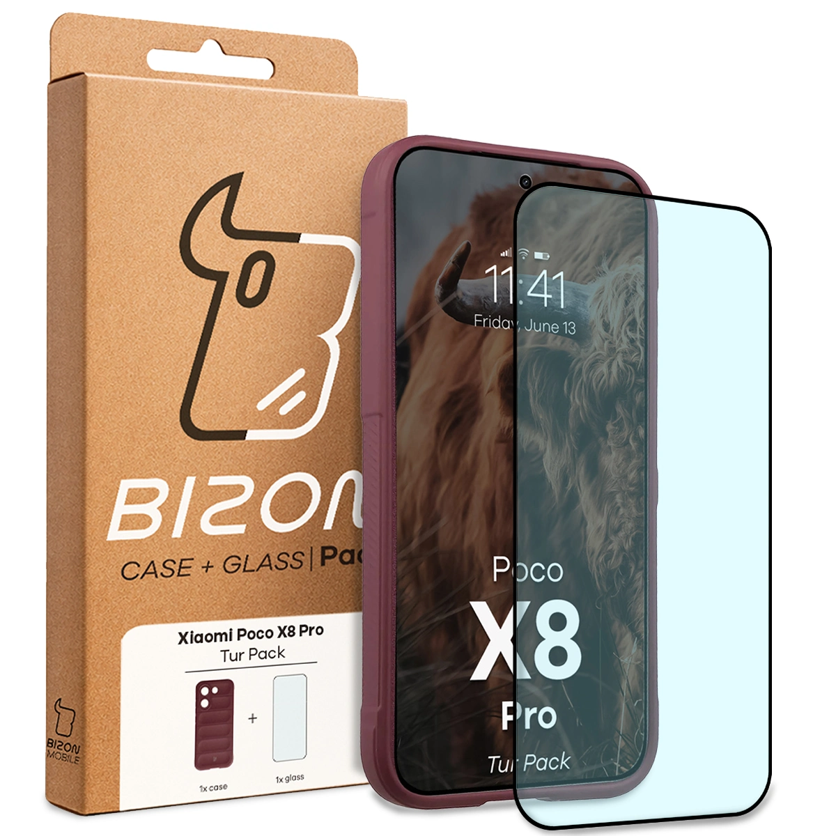 Przód pudełka Bizon Tur Pack z dedykowaną etykietą do Xiaomi POCO X8 Pro