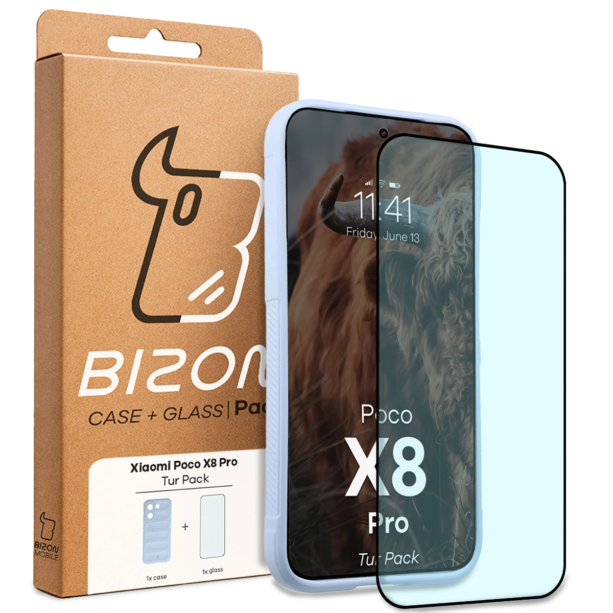 Przód pudełka Bizon Tur Pack z dedykowaną etykietą do Xiaomi POCO X8 Pro