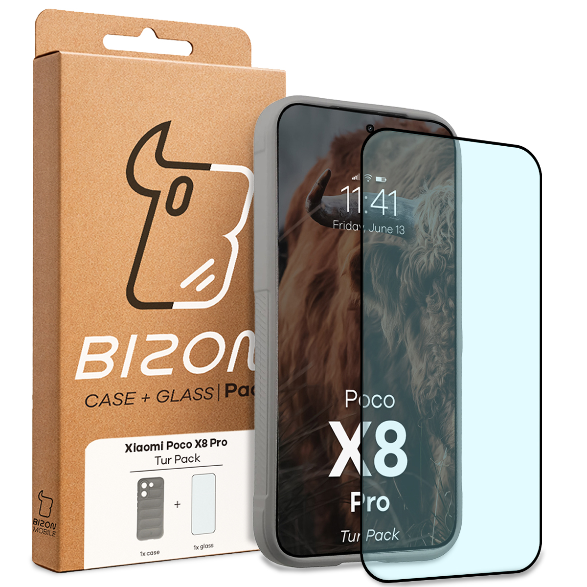 Przód pudełka Bizon Tur Pack z dedykowaną etykietą do Xiaomi POCO X8 Pro
