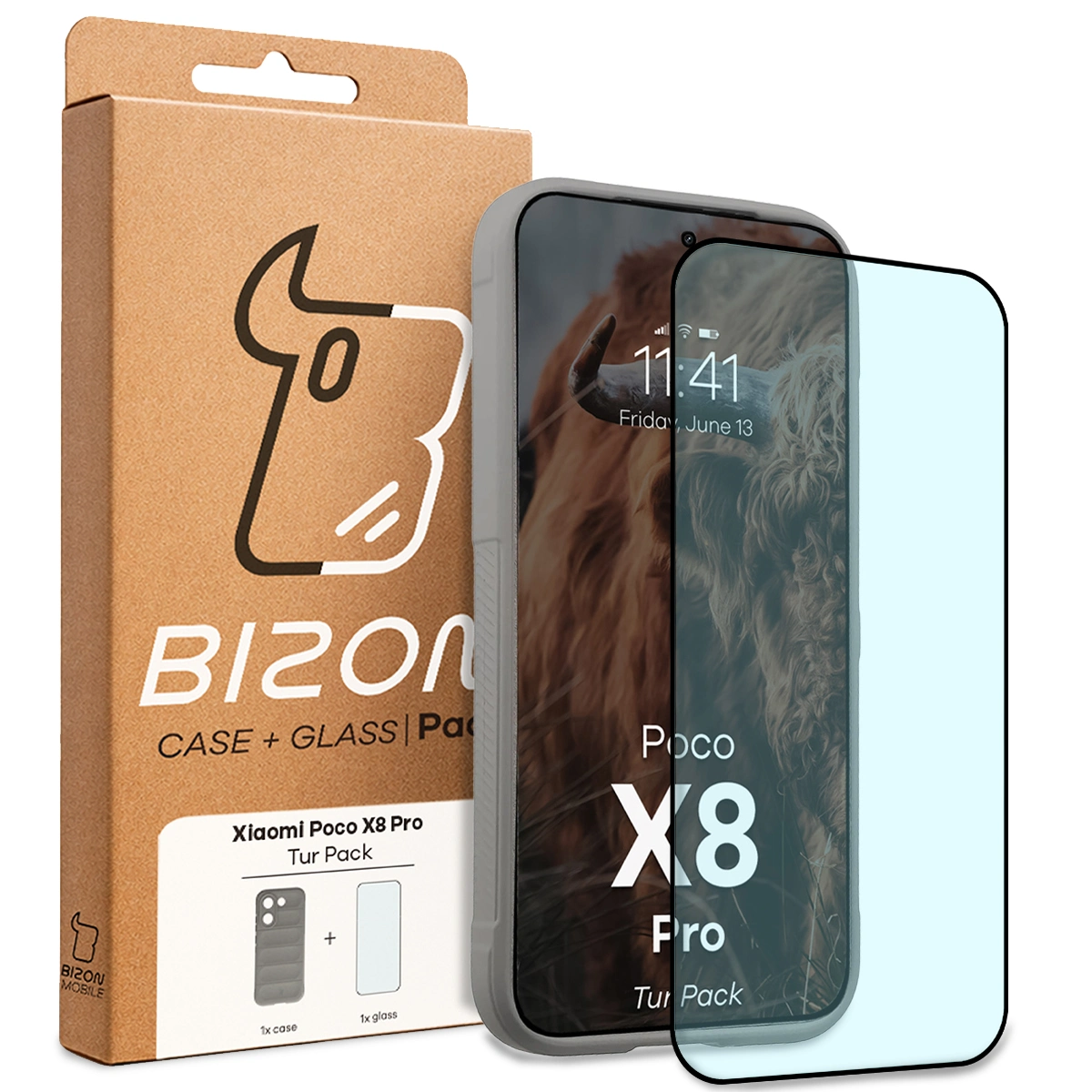 Przód pudełka Bizon Tur Pack z dedykowaną etykietą do Xiaomi POCO X8 Pro