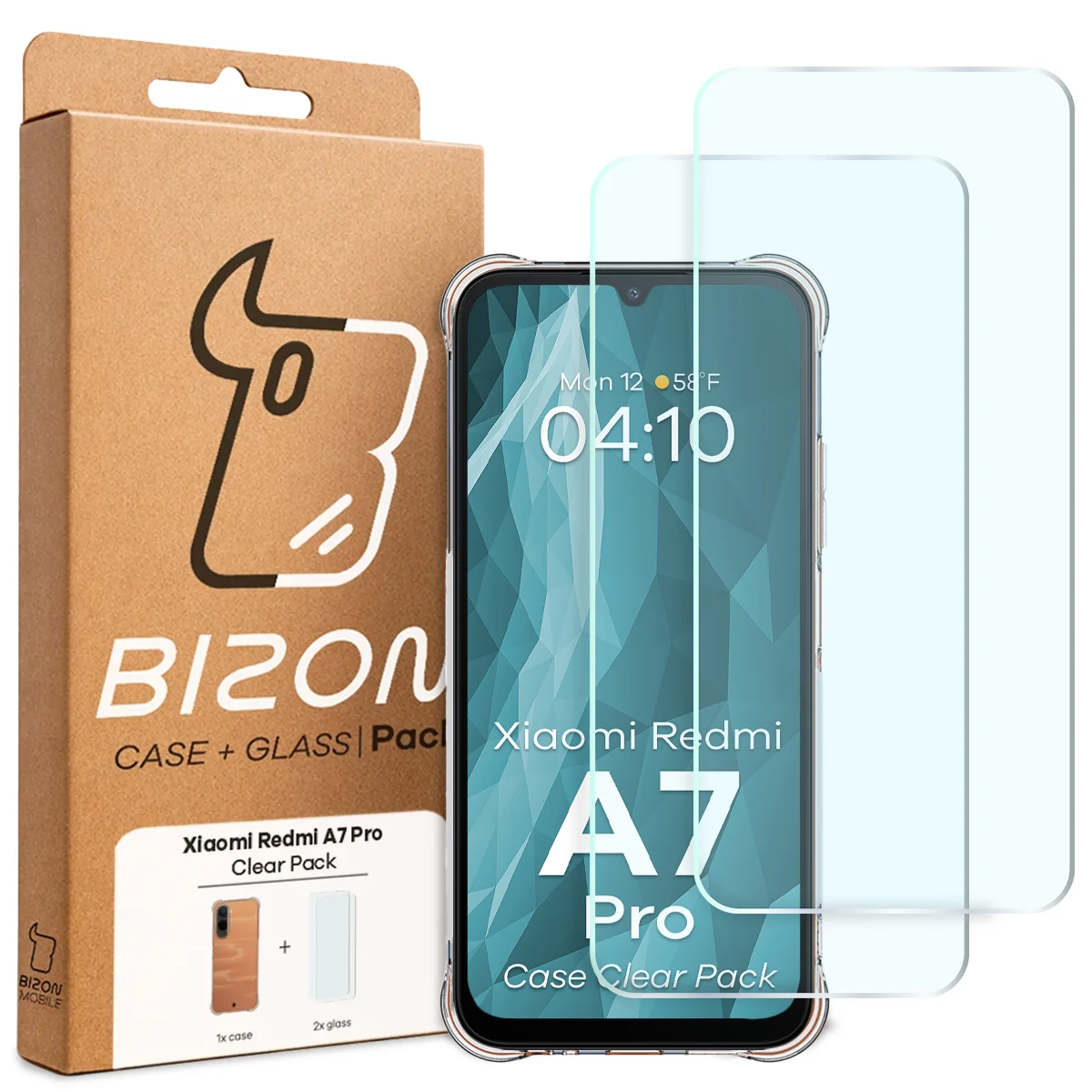 Przód pudełka Bizon Case+Glass z dedykowaną etykietą do Xiaomi Redmi A7 Pro
