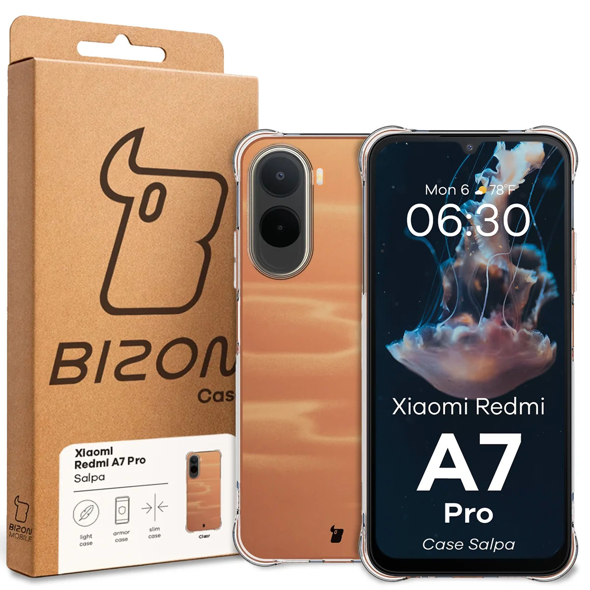 Przód pudełka Bizon Case z dedykowaną etykietą do Xiaomi Redmi A7 Pro