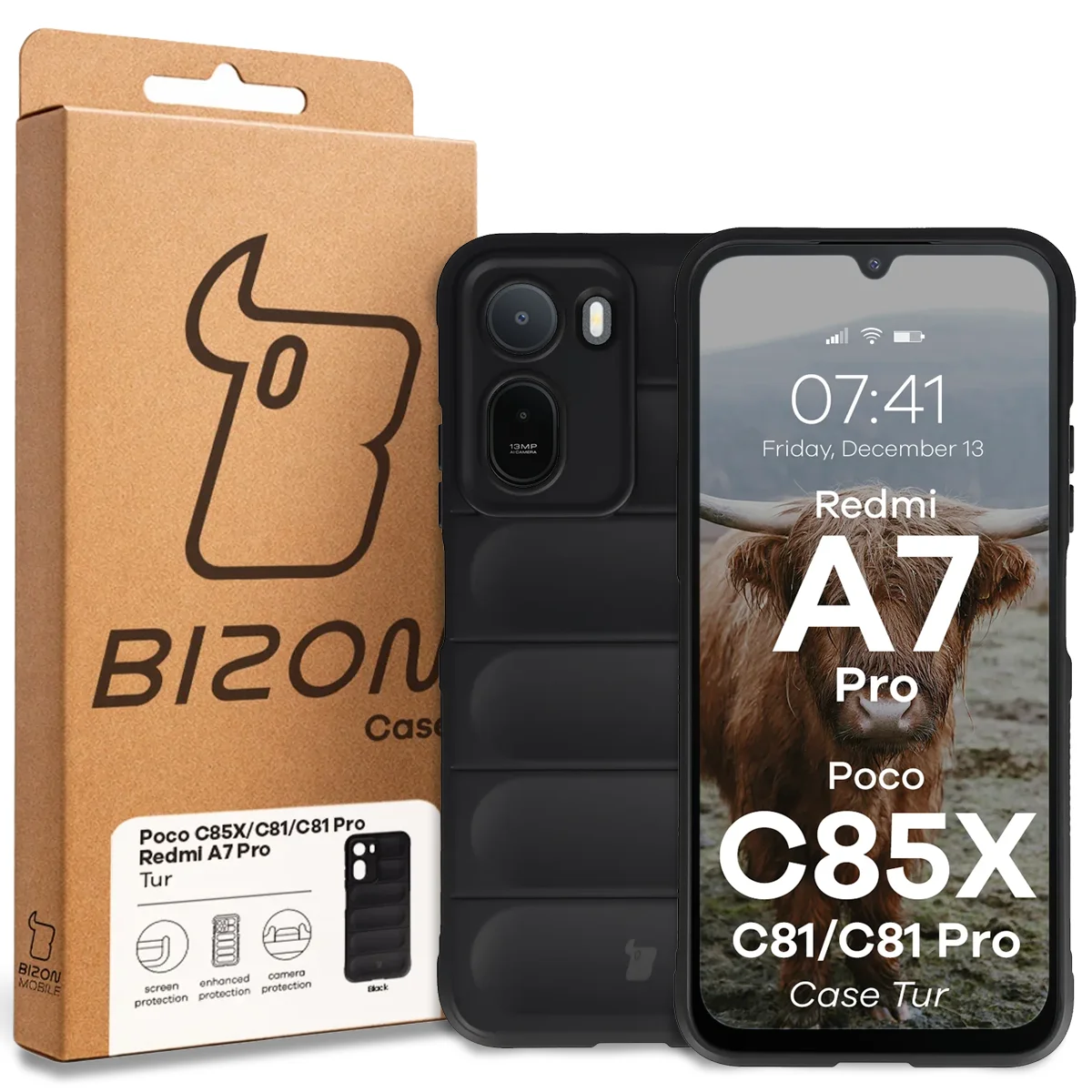 Przód pudełka Bizon Case z dedykowaną etykietą do Xiaomi Redmi A7 Pro / POCO C85X / C81 / C81 Pro