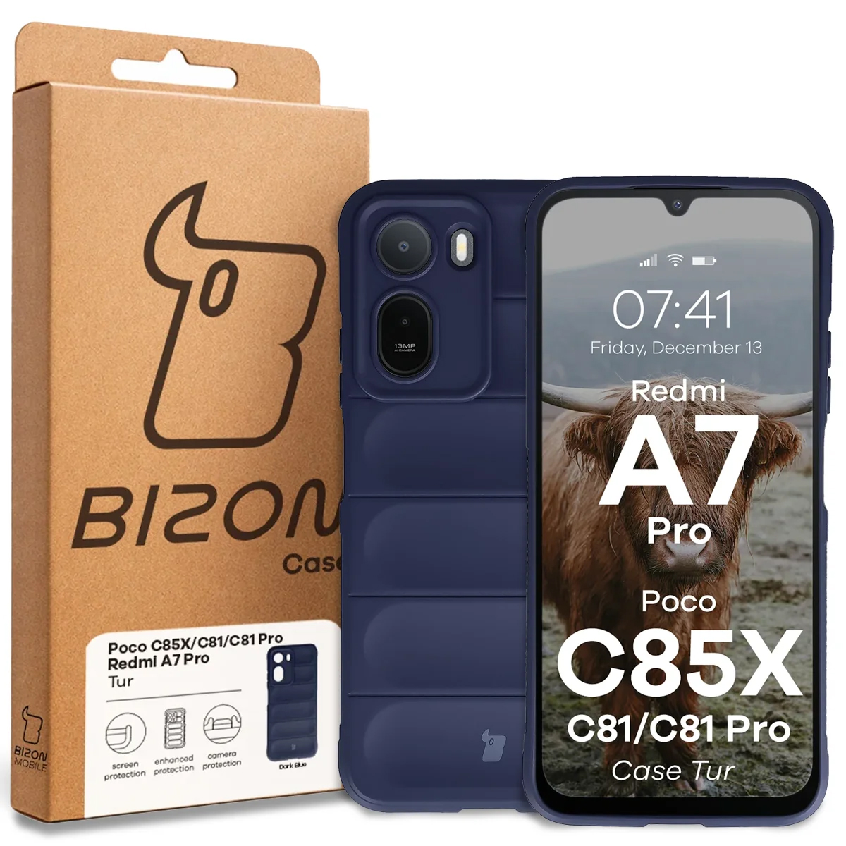 Przód pudełka Bizon Case z dedykowaną etykietą do Xiaomi Redmi A7 Pro / POCO C85X / C81 / C81 Pro