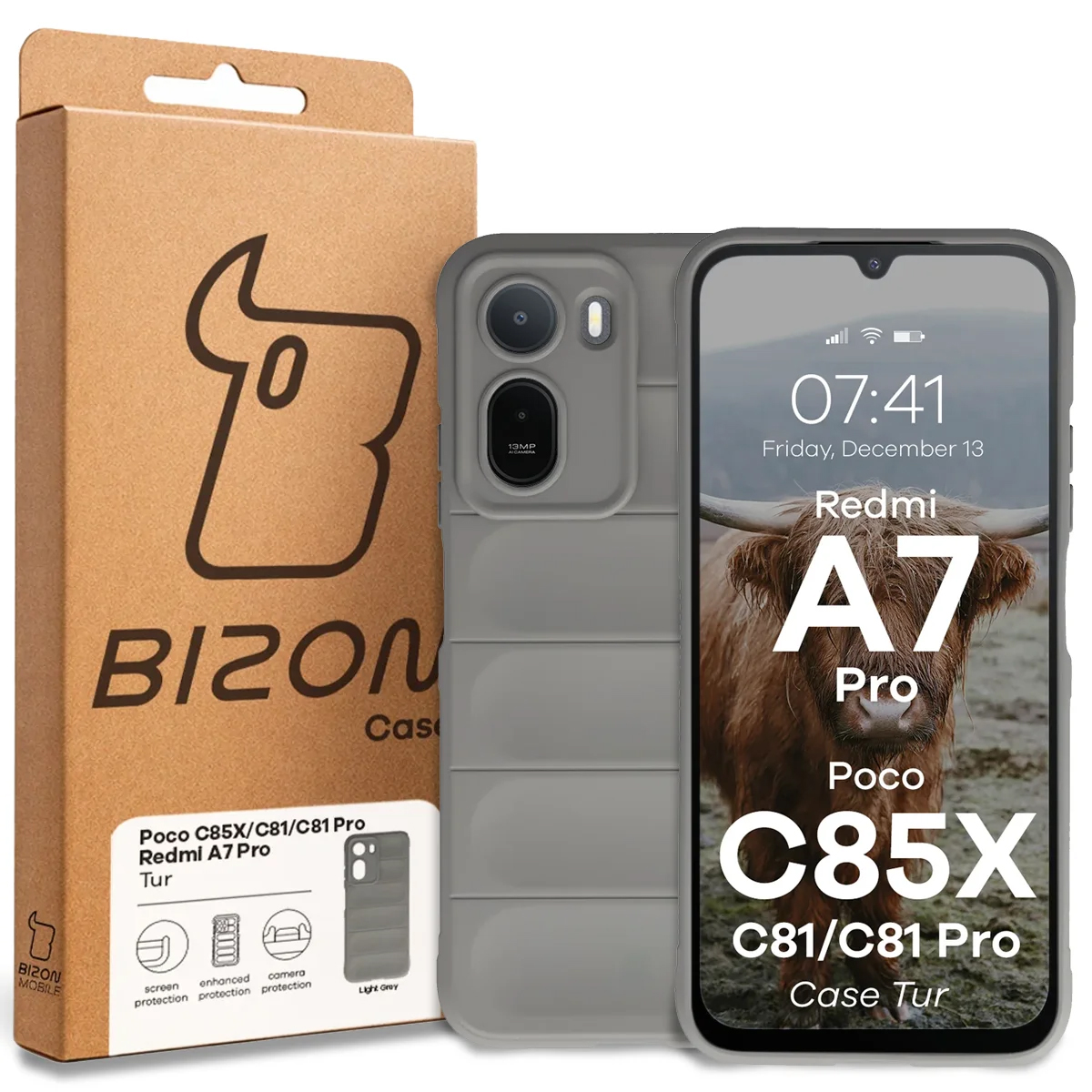 Przód pudełka Bizon Case z dedykowaną etykietą do Xiaomi Redmi A7 Pro / POCO C85X / C81 / C81 Pro