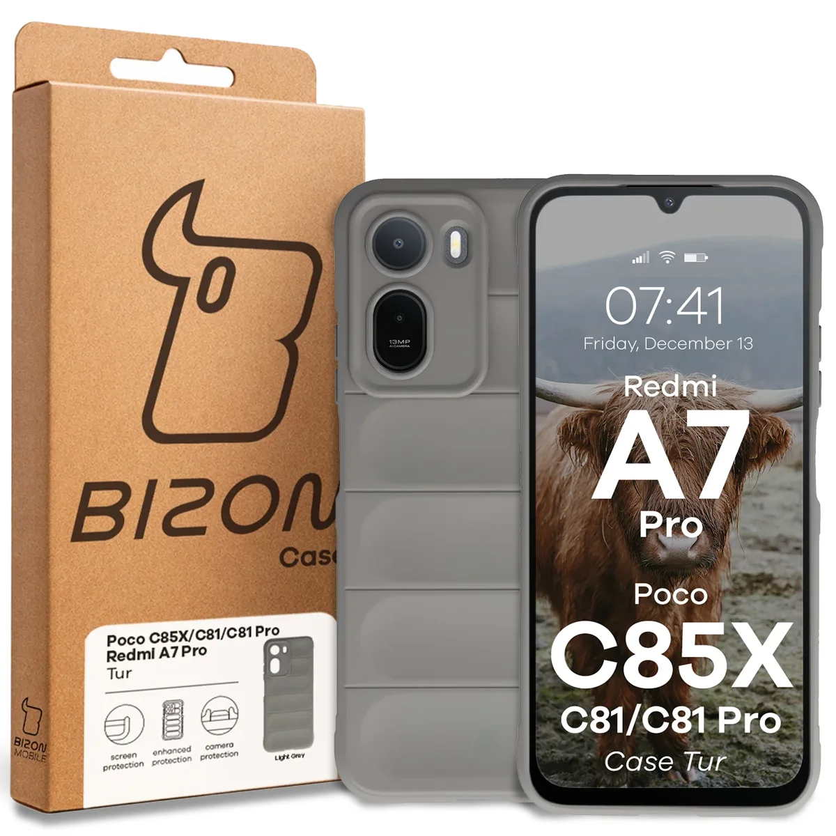 Przód pudełka Bizon Case z dedykowaną etykietą do Xiaomi Redmi A7 Pro / POCO C85X / C81 / C81 Pro