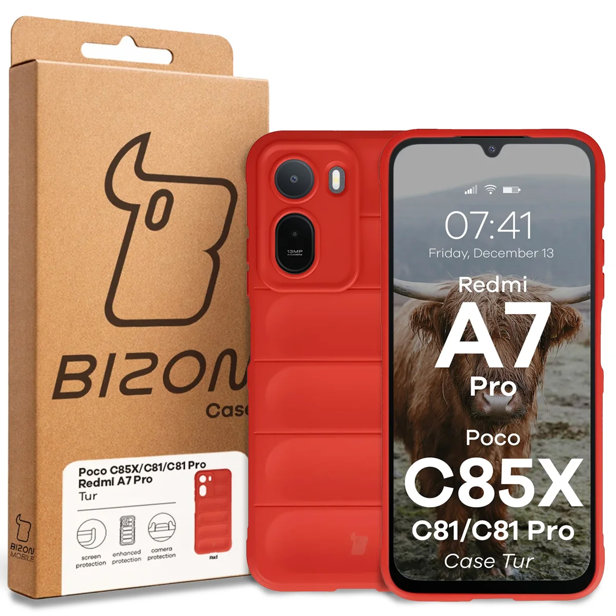 Przód pudełka Bizon Case z dedykowaną etykietą do Xiaomi Redmi A7 Pro / POCO C85X / C81 / C81 Pro