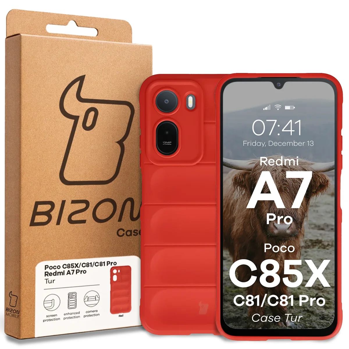 Przód pudełka Bizon Case z dedykowaną etykietą do Xiaomi Redmi A7 Pro / POCO C85X / C81 / C81 Pro