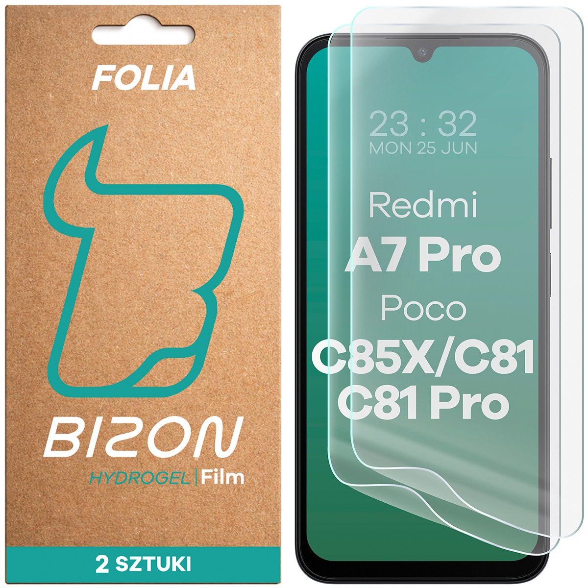 Pudełko i folia hydrożelowa na ekran Bizon Film Hydrogel Front Duo do Xiaomi Redmi A7 Pro / POCO C85X / C81 / C81 Pro