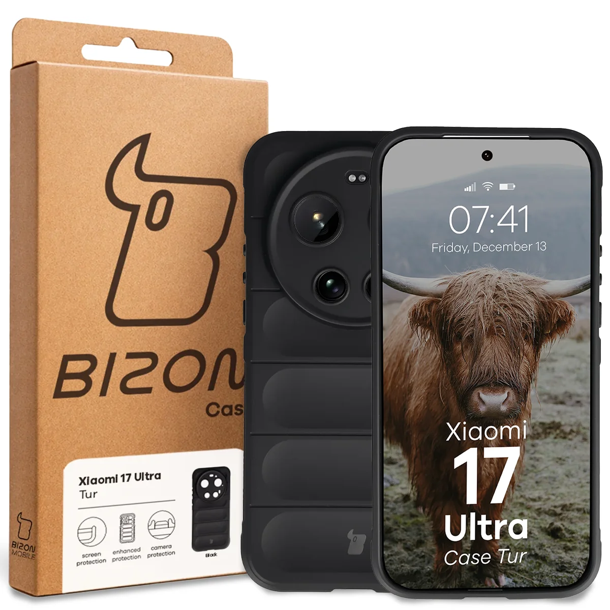 Przód pudełka Bizon Case z dedykowaną etykietą do Xiaomi 17 Ultra