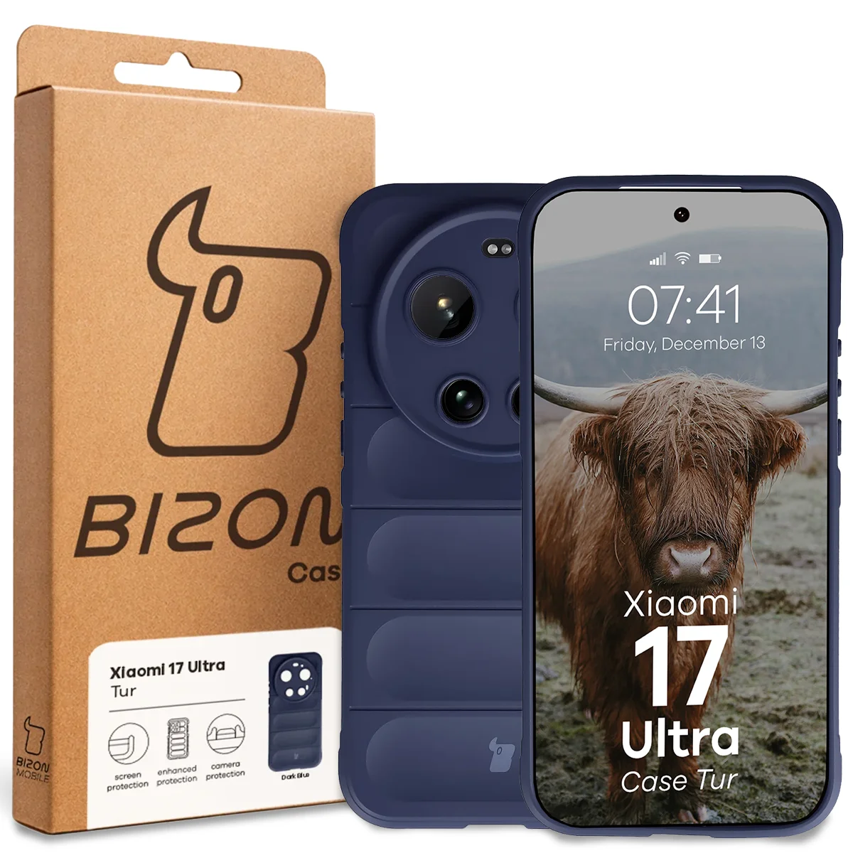 Przód pudełka Bizon Case z dedykowaną etykietą do Xiaomi 17 Ultra