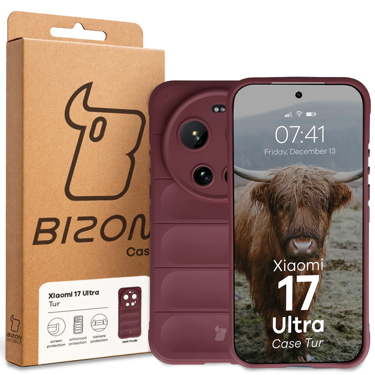 Przód pudełka Bizon Case z dedykowaną etykietą do Xiaomi 17 Ultra