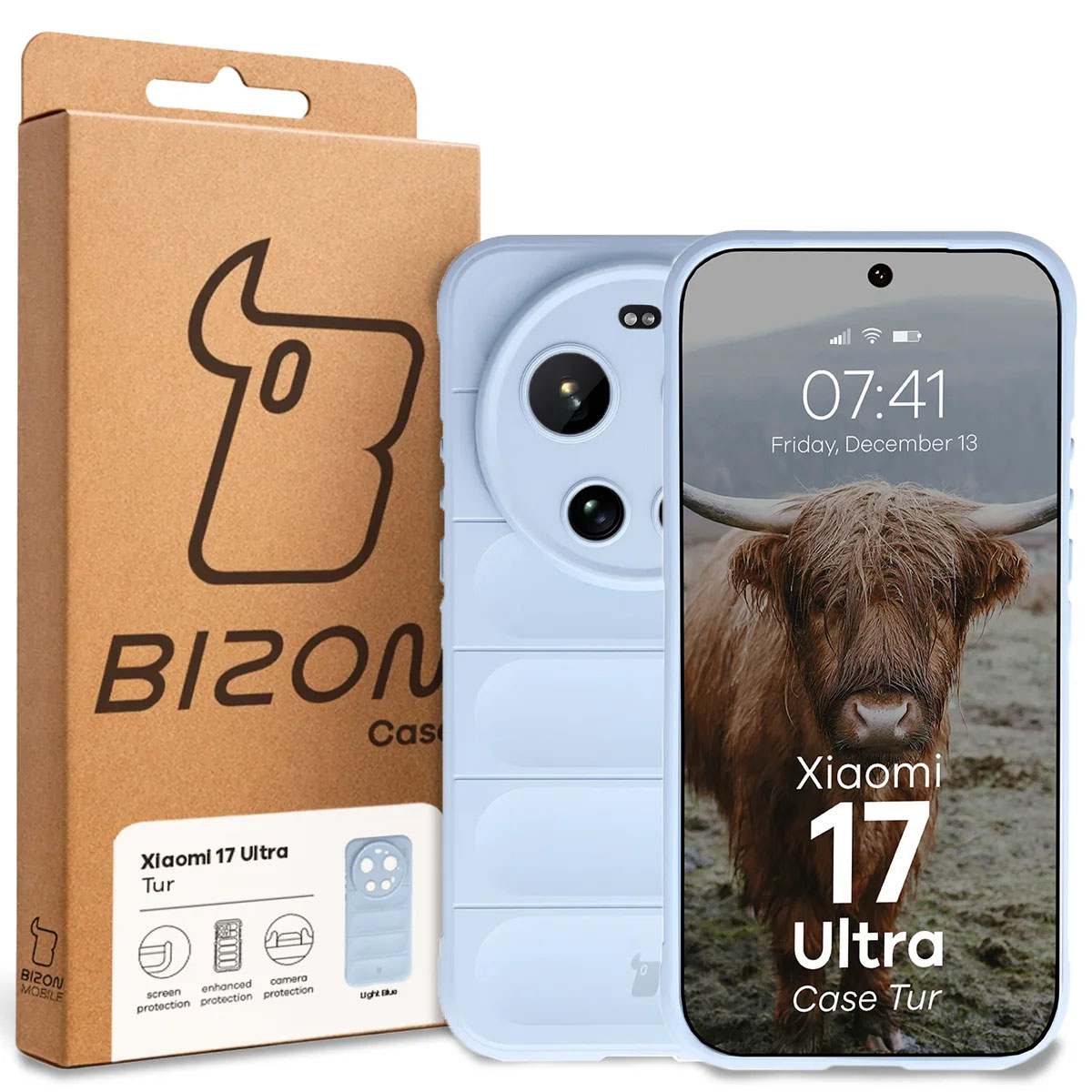 Przód pudełka Bizon Case z dedykowaną etykietą do Xiaomi 17 Ultra