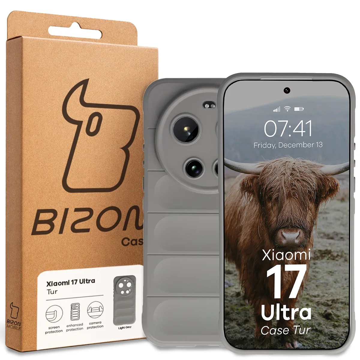 Przód pudełka Bizon Case z dedykowaną etykietą do Xiaomi 17 Ultra