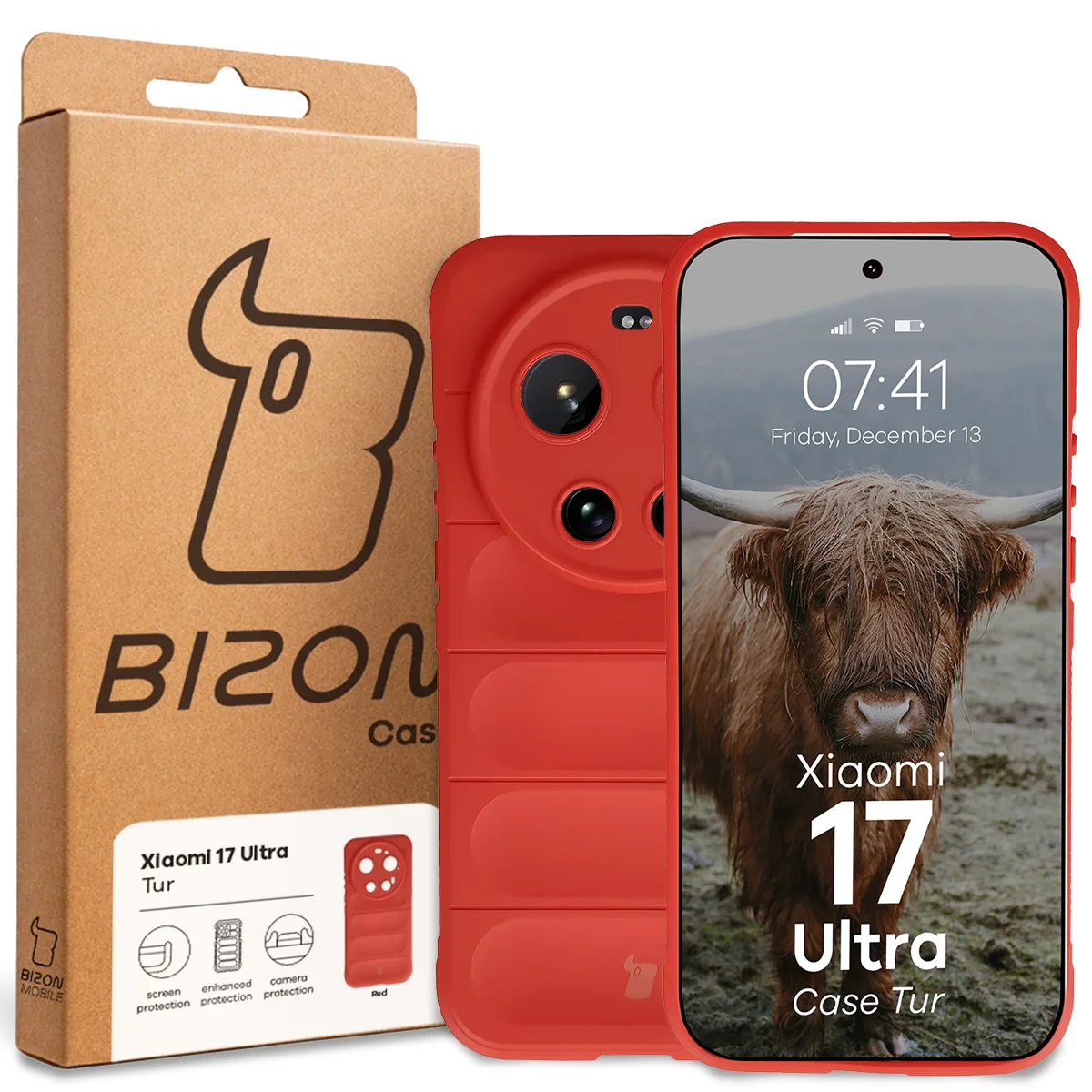 Przód pudełka Bizon Case z dedykowaną etykietą do Xiaomi 17 Ultra