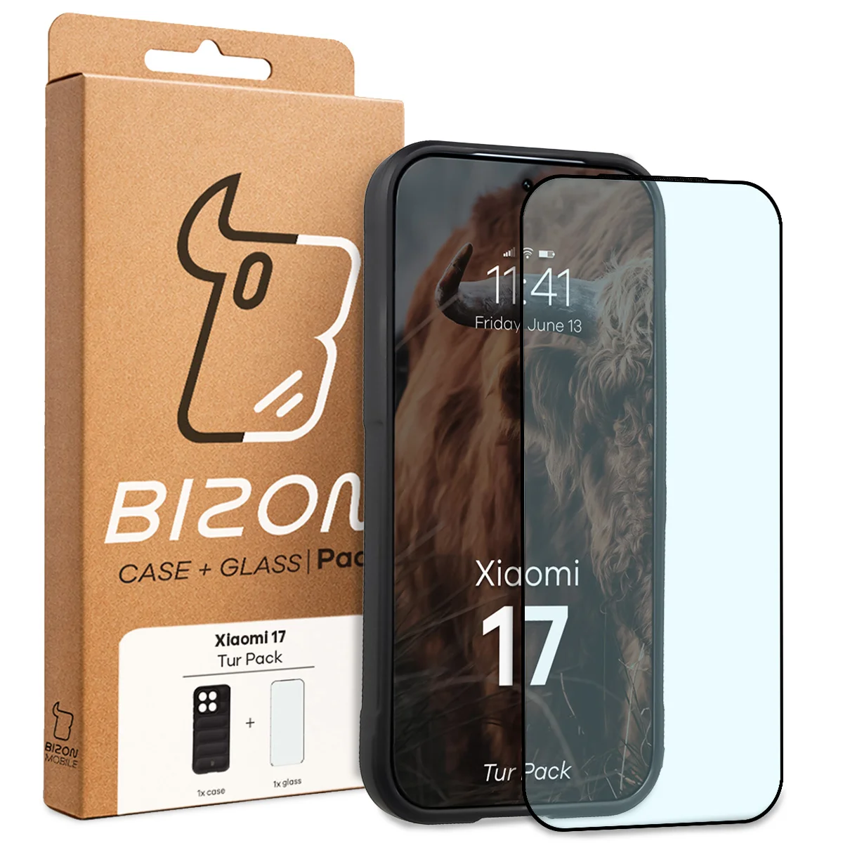 Przód pudełka Bizon Tur Pack z dedykowaną etykietą do Xiaomi 17