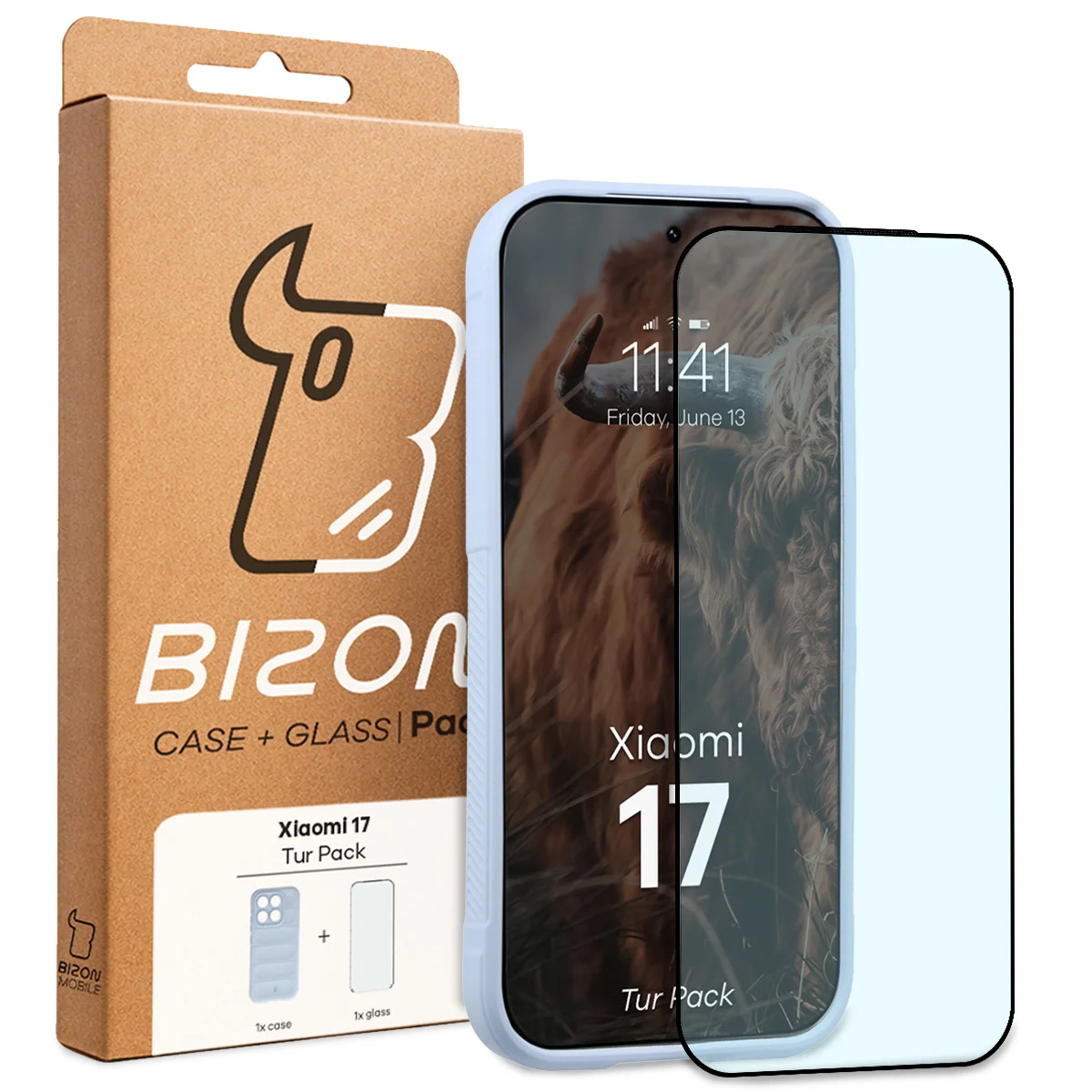Przód pudełka Bizon Tur Pack z dedykowaną etykietą do Xiaomi 17
