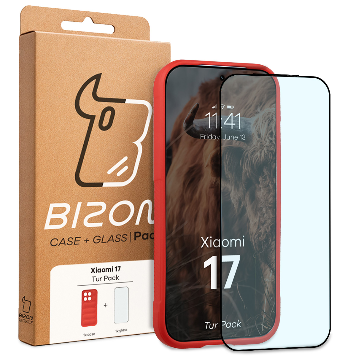 Przód pudełka Bizon Tur Pack z dedykowaną etykietą do Xiaomi 17