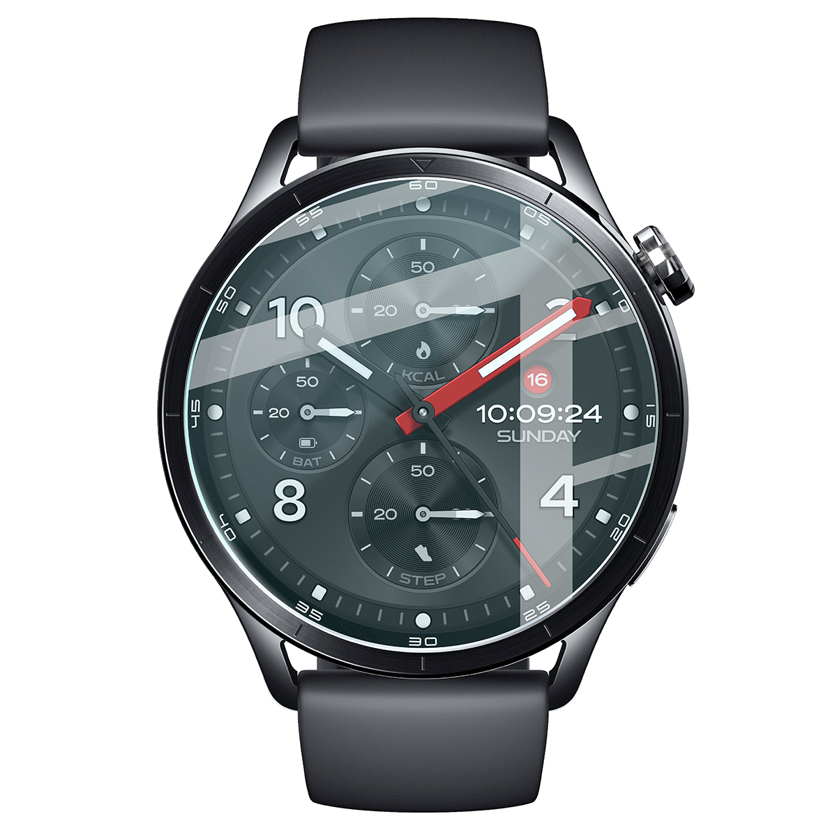 Zegarek i szkło hartowane Bizon Watch Glass Clear zestawione obok siebie do Xiaomi Watch S5